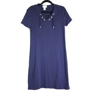 Carmen Marc Valvo COTTON Navy Blue Dress Casual Summer Short Sleeve Size Small